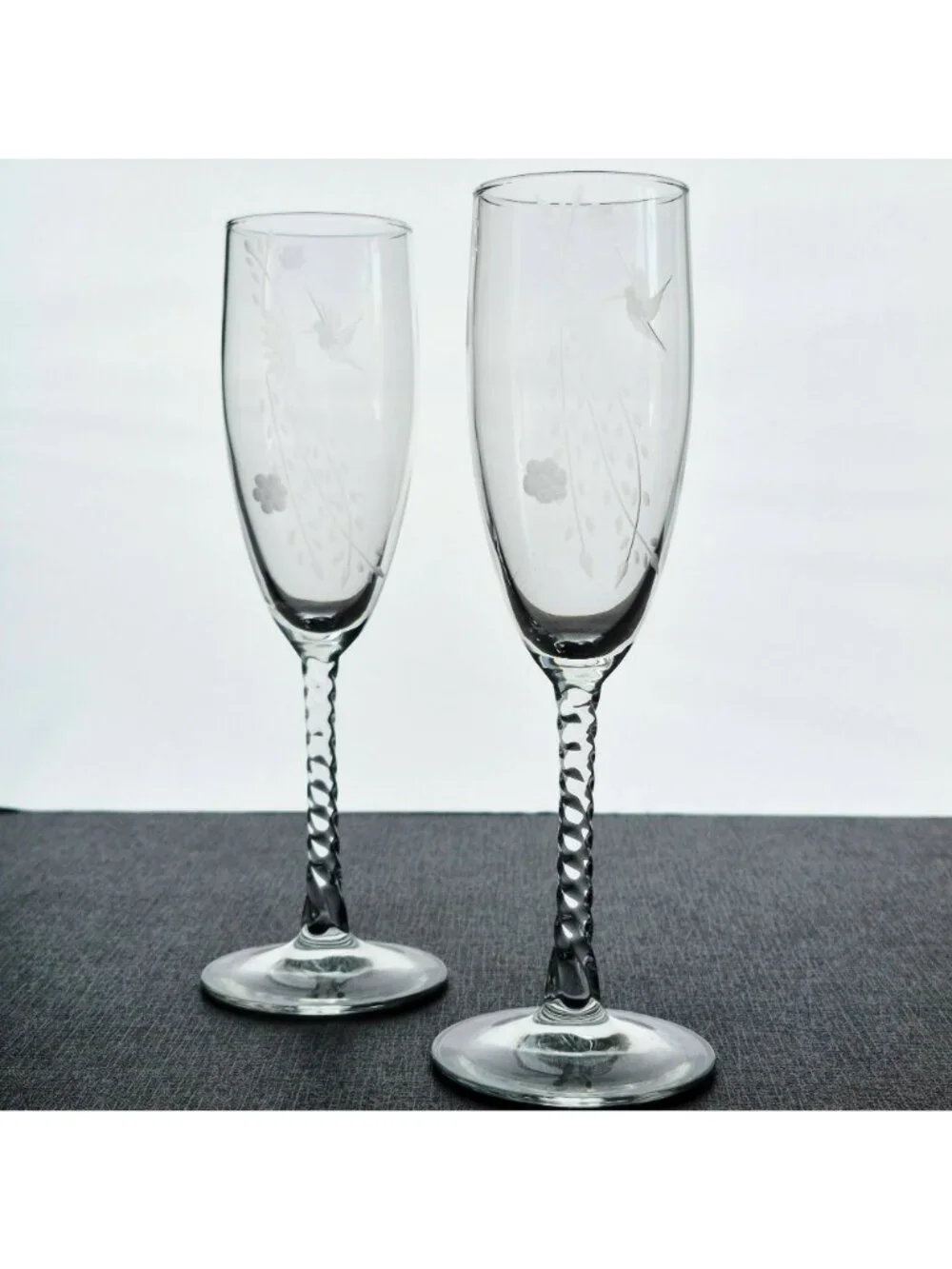 Vintage Hummingbird Fluted Champagne Set, Etched Hummingbird & Floral Design
